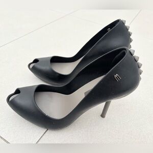 Black Stud-Back Peep Toe Heels